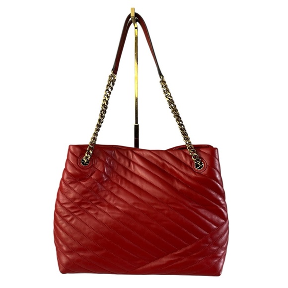 RARE Tory Burch Kira Chevron Tote Red Quilted Lambskin Gold Chain Straps - Picture 5 of 17